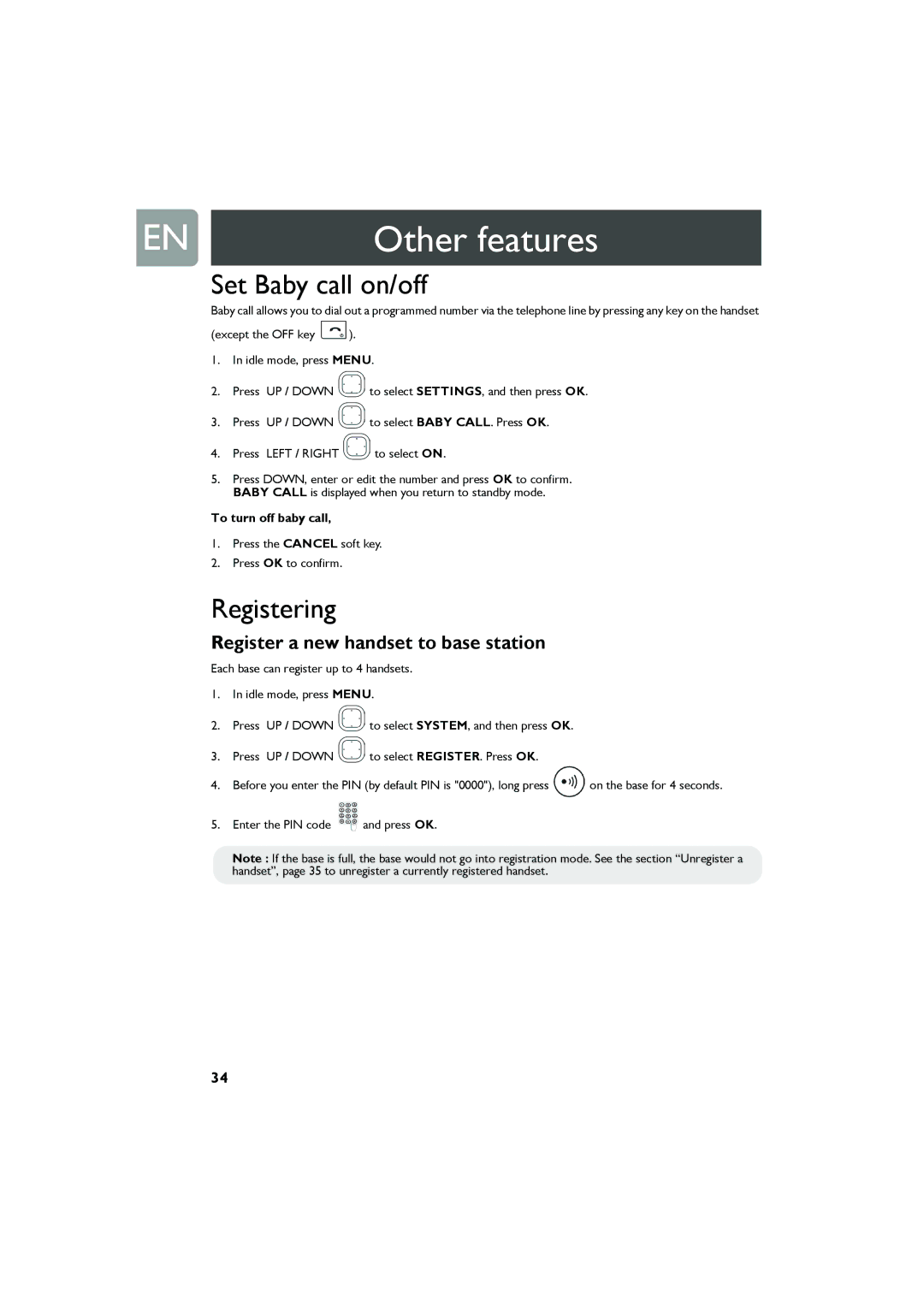 Philips Cell Phone Set Baby call on/off, Registering, Register a new handset to base station, To turn off baby call 