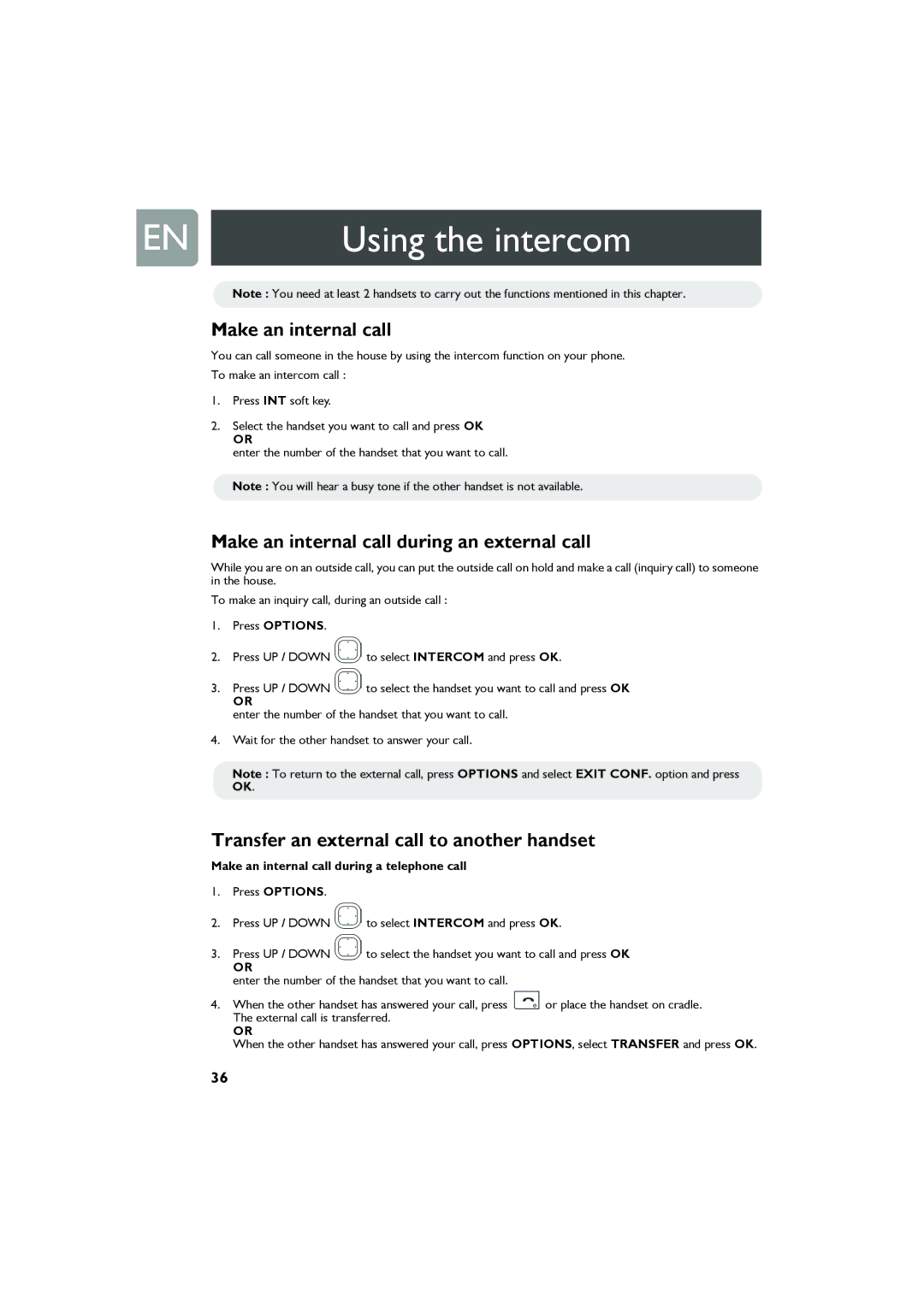 Philips Cell Phone user manual Using the intercom, Make an internal call during an external call 