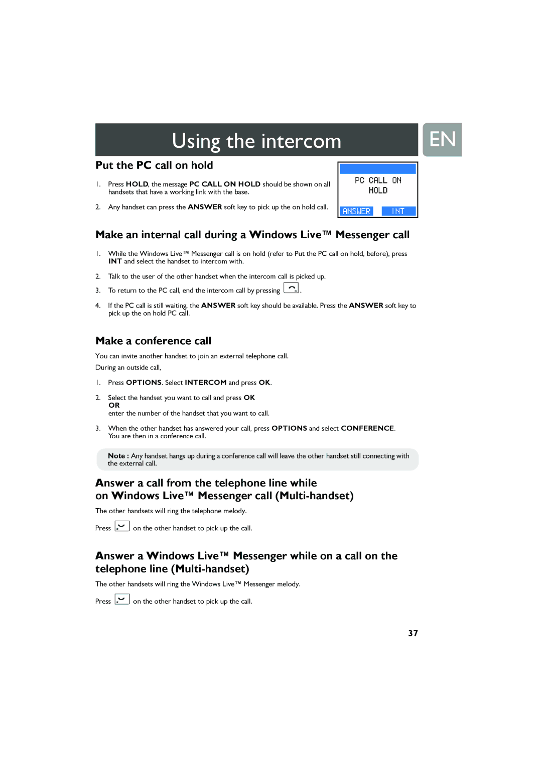 Philips Cell Phone user manual Put the PC call on hold, Make an internal call during a Windows Live Messenger call 