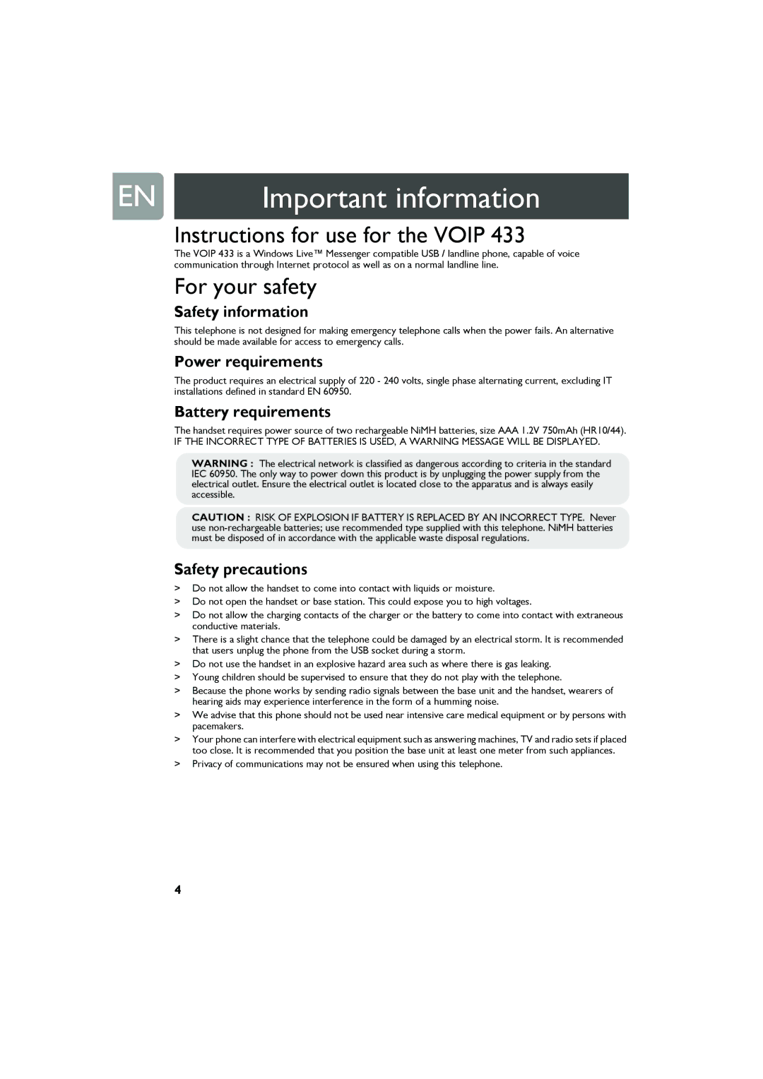 Philips Cell Phone user manual Important information, Instructions for use for the Voip, For your safety 