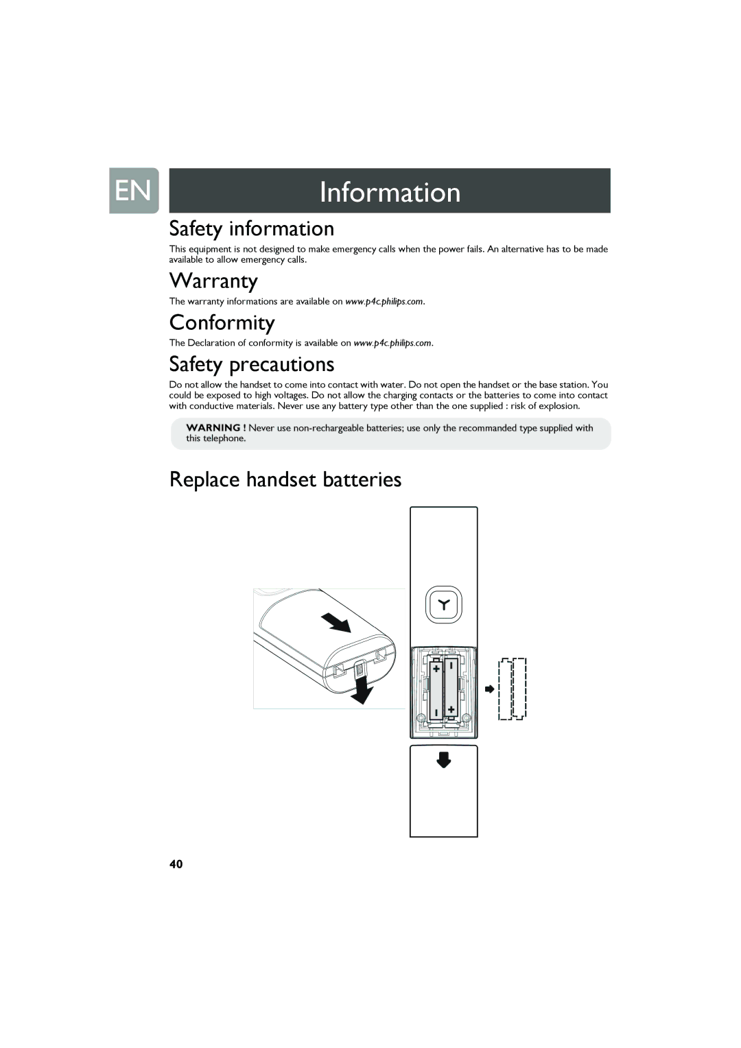 Philips Cell Phone ENInformation, Safety information, Warranty Conformity Safety precautions, Replace handset batteries 