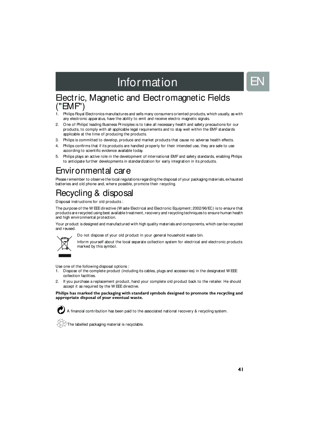 Philips Cell Phone user manual InformationEN, Electric, Magnetic and Electromagnetic Fields EMF, Environmental care 