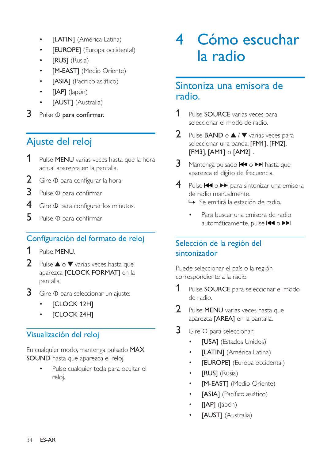 Philips CEM1100 user manual Ajuste del reloj, Sintoniza una emisora de radio, Visualización del reloj 