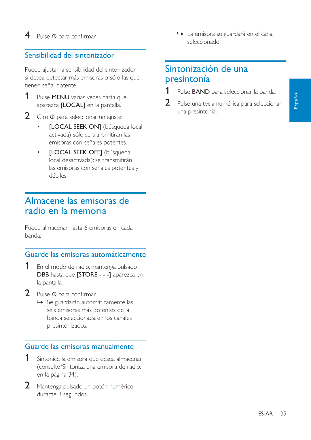 Philips CEM1100 user manual Almacene las emisoras de radio en la memoria, Sintonización de una presintonía 