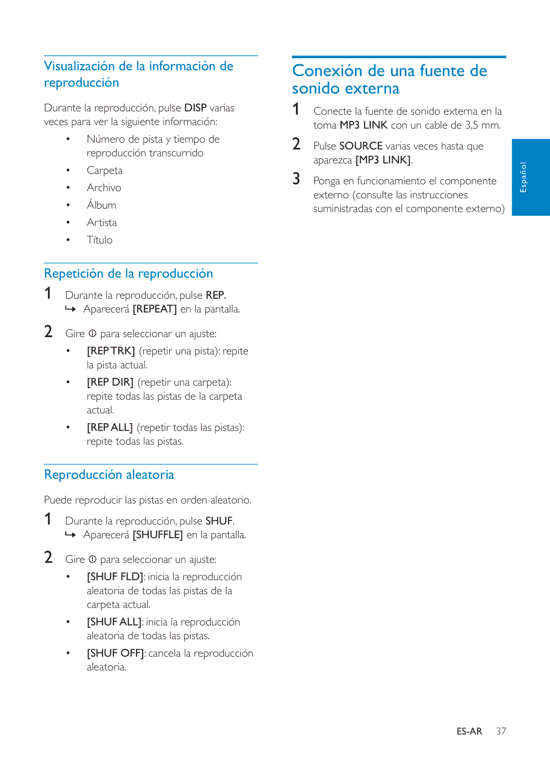 Philips CEM1100 user manual Conexión de una fuente de sonido externa, Visualización de la información de reproducción 