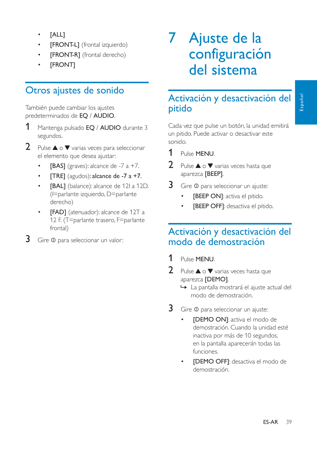 Philips CEM1100 user manual Otros ajustes de sonido, Pitido, Activación y desactivación del modo de demostración 