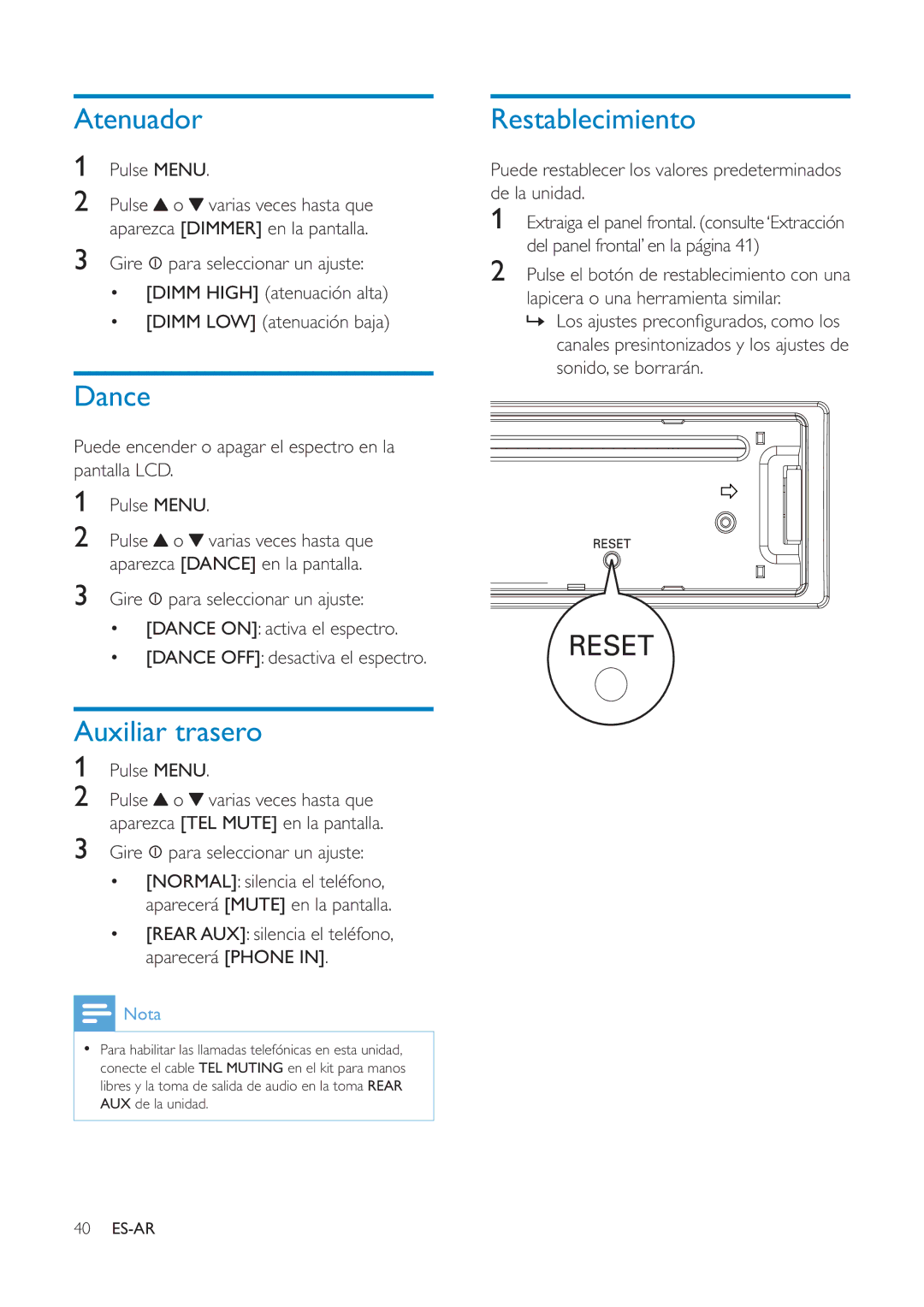 Philips CEM1100 user manual Atenuador, Dance, Auxiliar trasero, Restablecimiento 