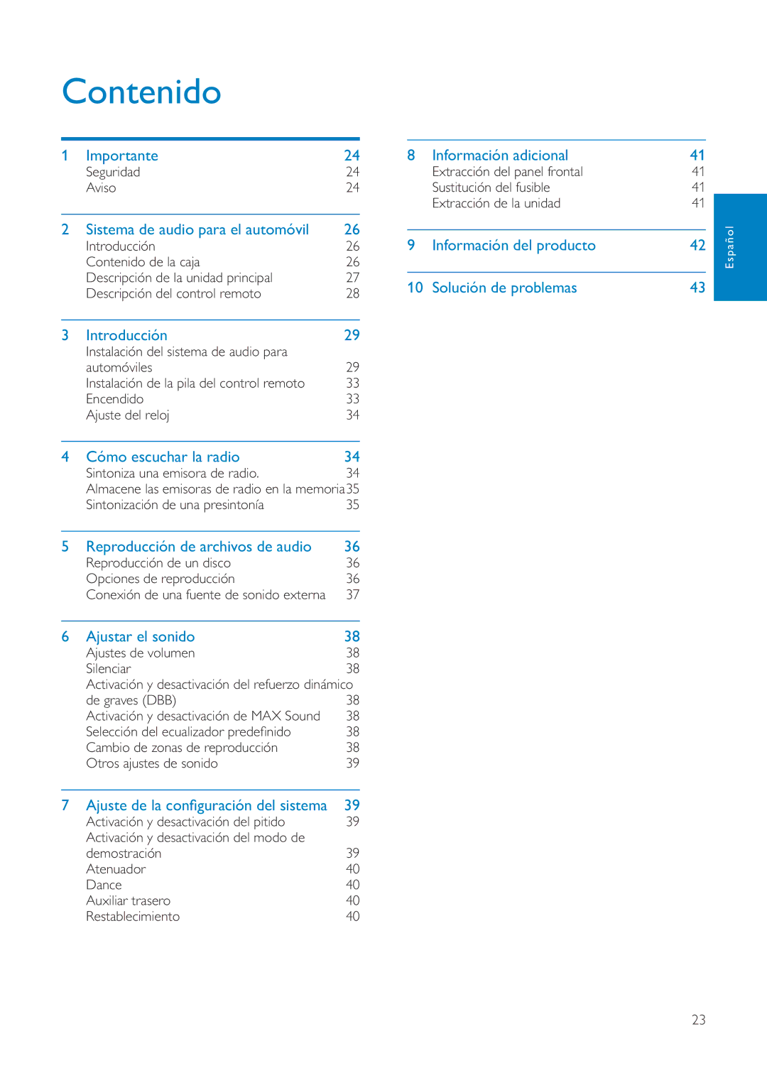 Philips CEM1100 user manual Contenido, Sistema de audio para el automóvil 