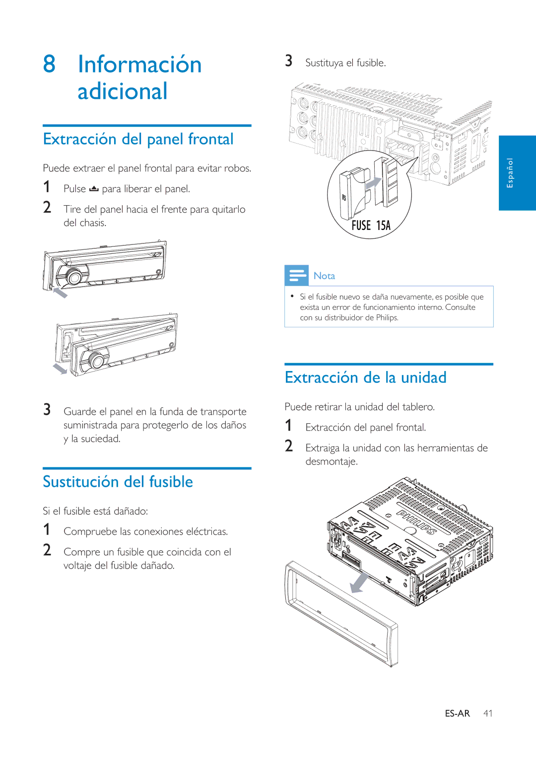 Philips CEM1100 user manual Extracción del panel frontal, Sustitución del fusible, Extracción de la unidad 