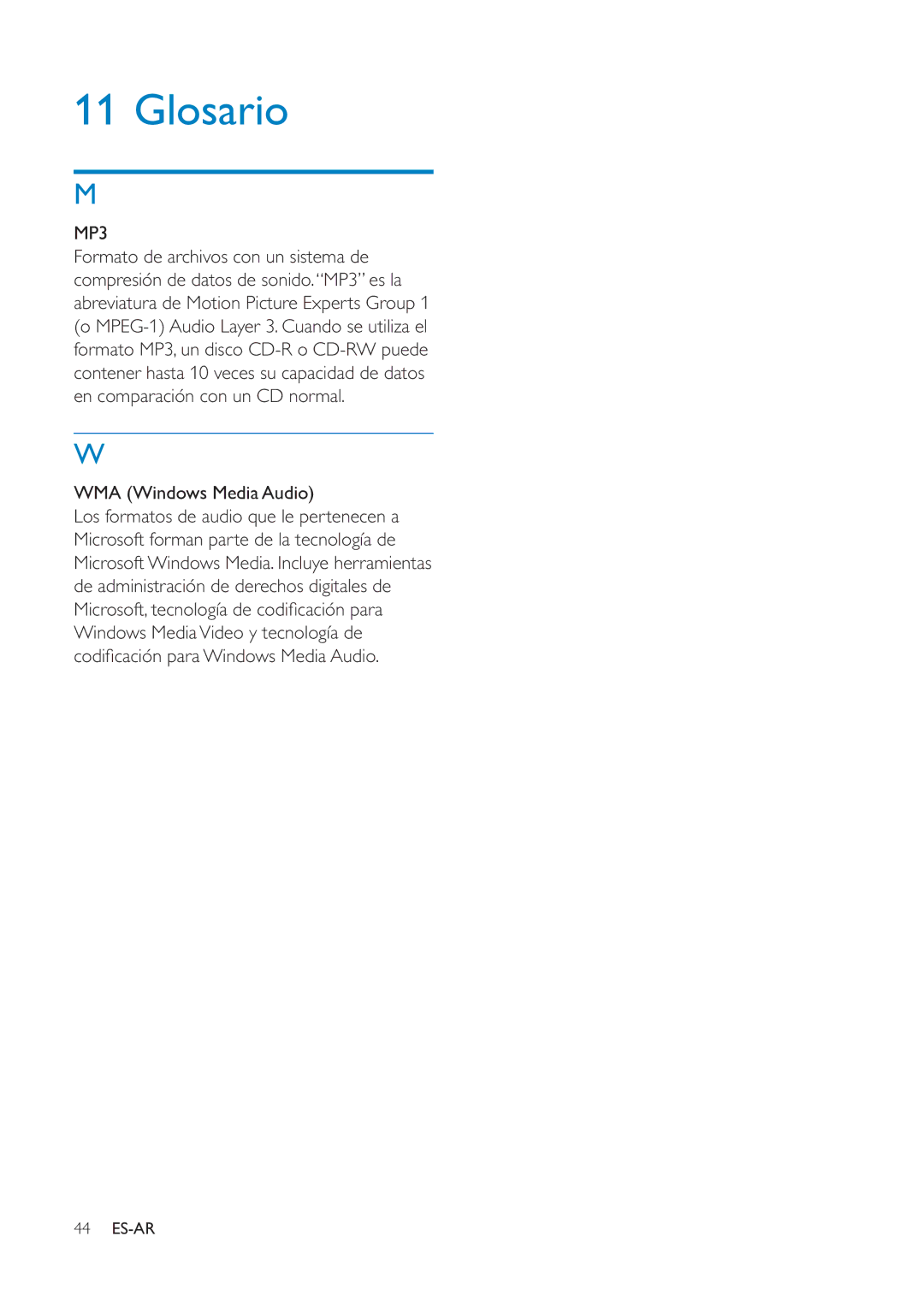 Philips CEM1100 user manual Glosario, WMA Windows Media Audio, Windows MediaVideo y tecnología de 