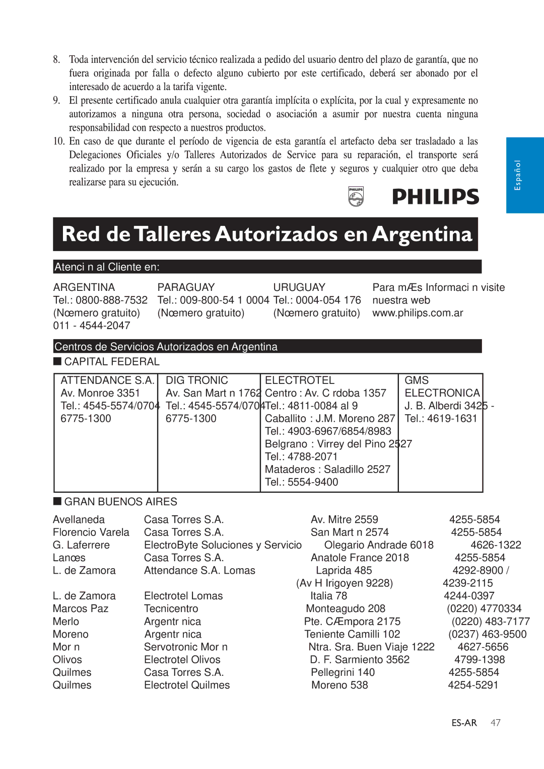 Philips CEM1100 user manual Atención al Cliente en 