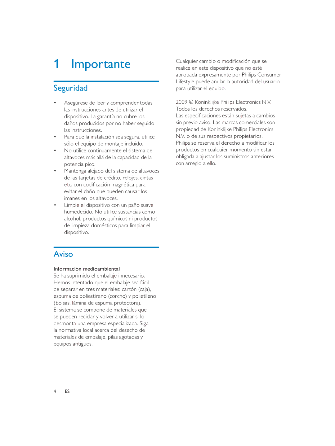 Philips CEM1100 user manual Importante, Seguridad, Aviso 