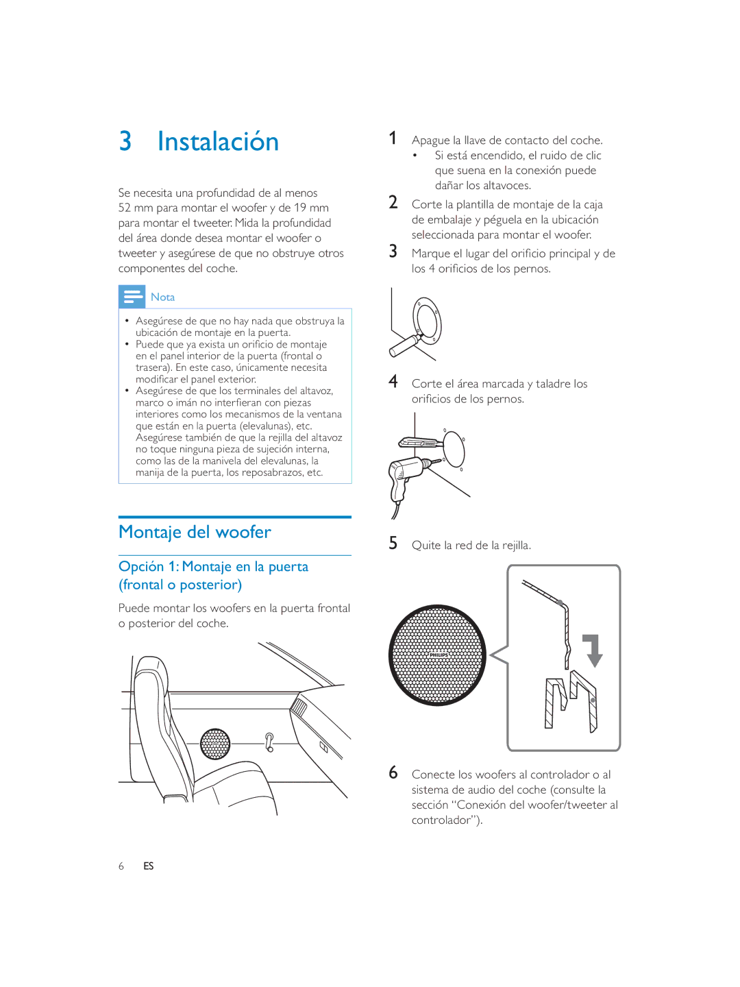 Philips CEM1100 user manual Instalación, Montaje del woofer 