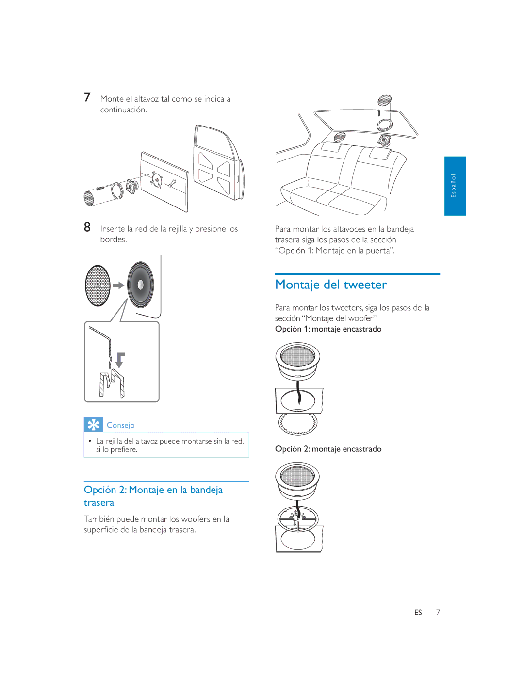 Philips CEM1100 user manual Montaje del tweeter, Opción 2 Montaje en la bandeja trasera 