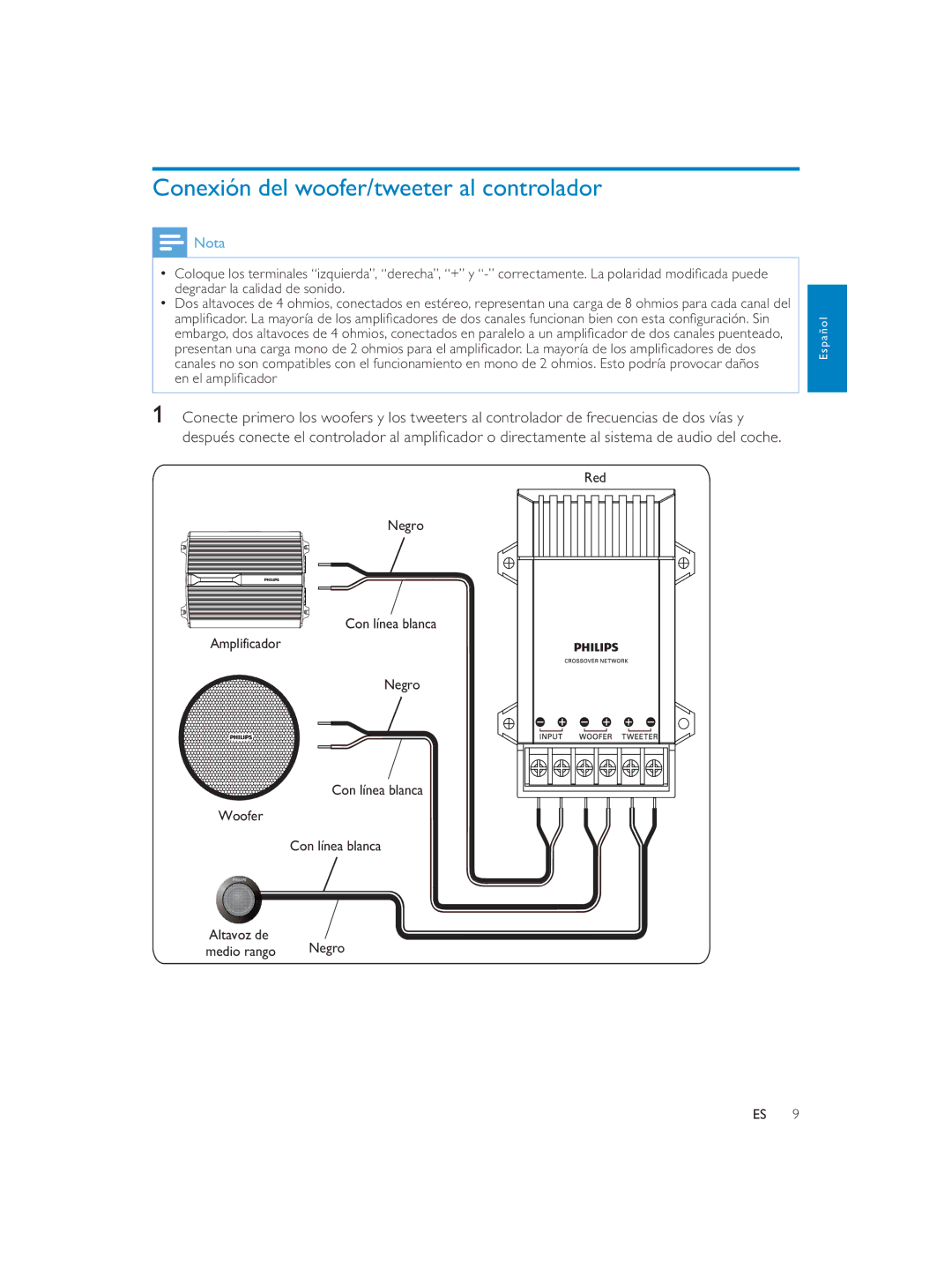 Philips CEM1100 user manual Conexión del woofer/tweeter al controlador 