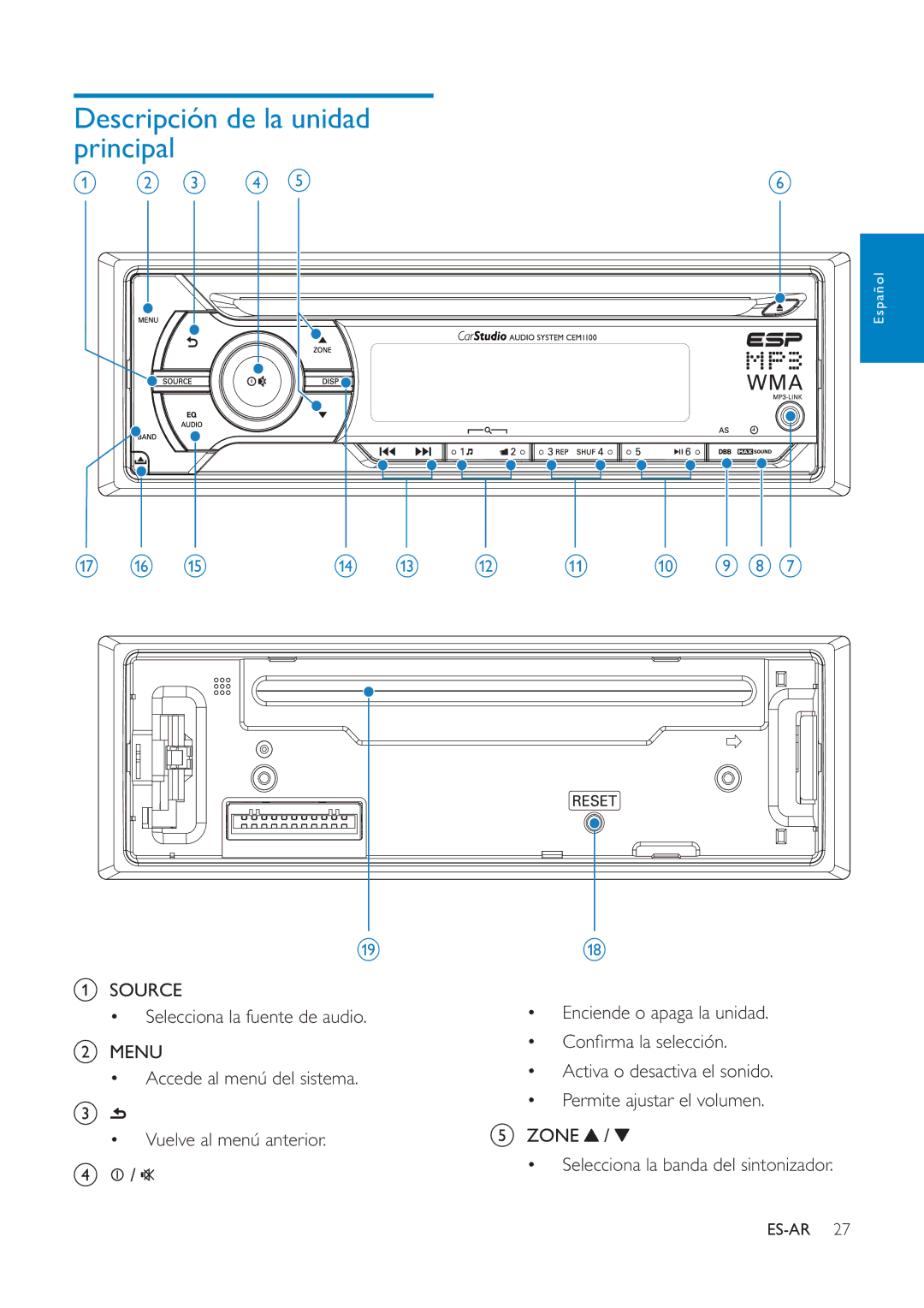 Philips CEM1100 user manual Descripción de la unidad principal 