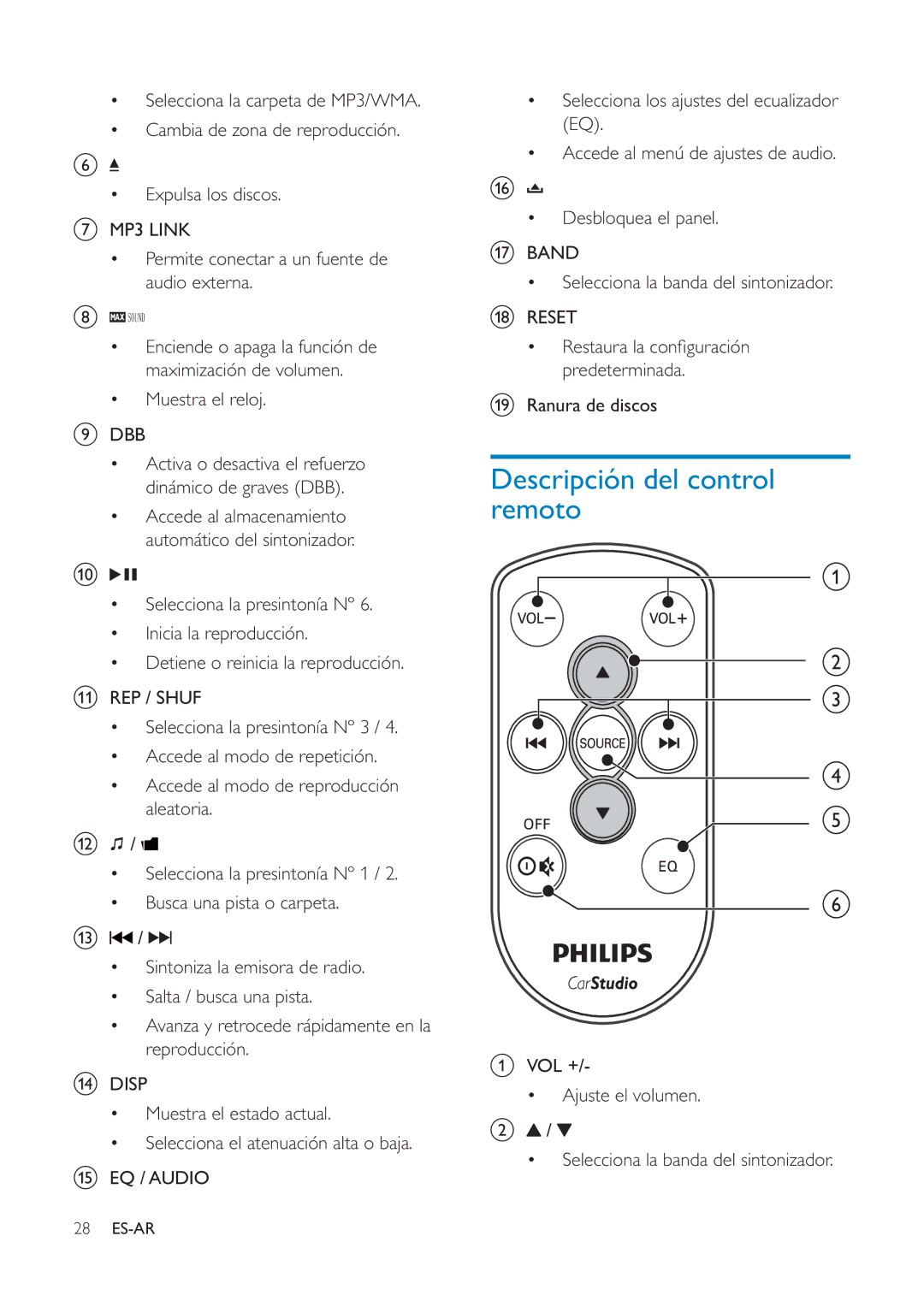 Philips CEM1100 user manual Descripción del control remoto, Muestra el reloj DBB 