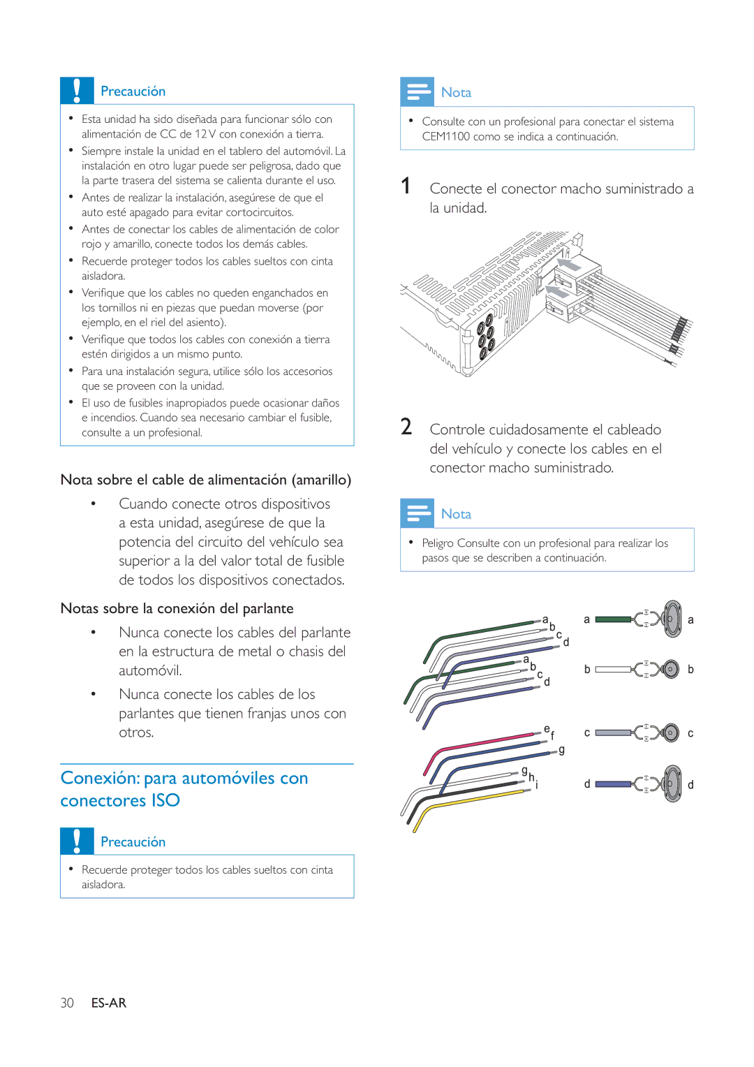 Philips CEM1100 user manual Conexión para automóviles con conectores ISO, Nota sobre el cable de alimentación amarillo 