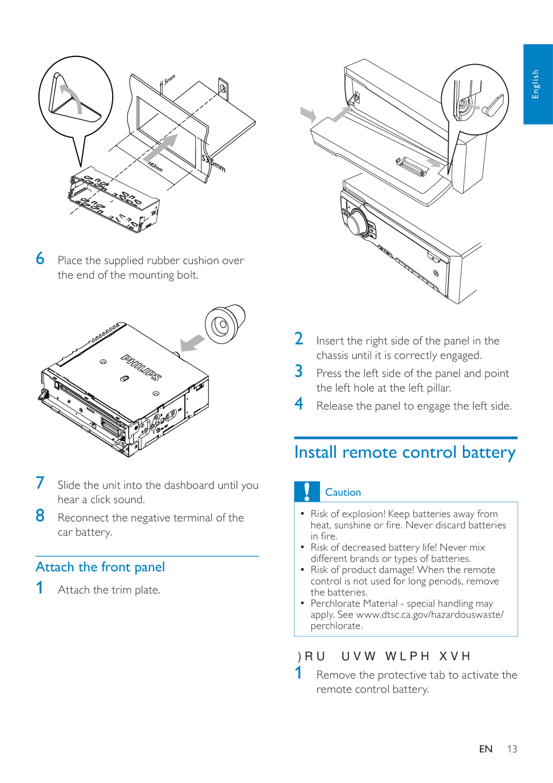 Philips CEM200 user manual Install remote control battery, Attach the front panel, RuÀuvwWlphXvh 