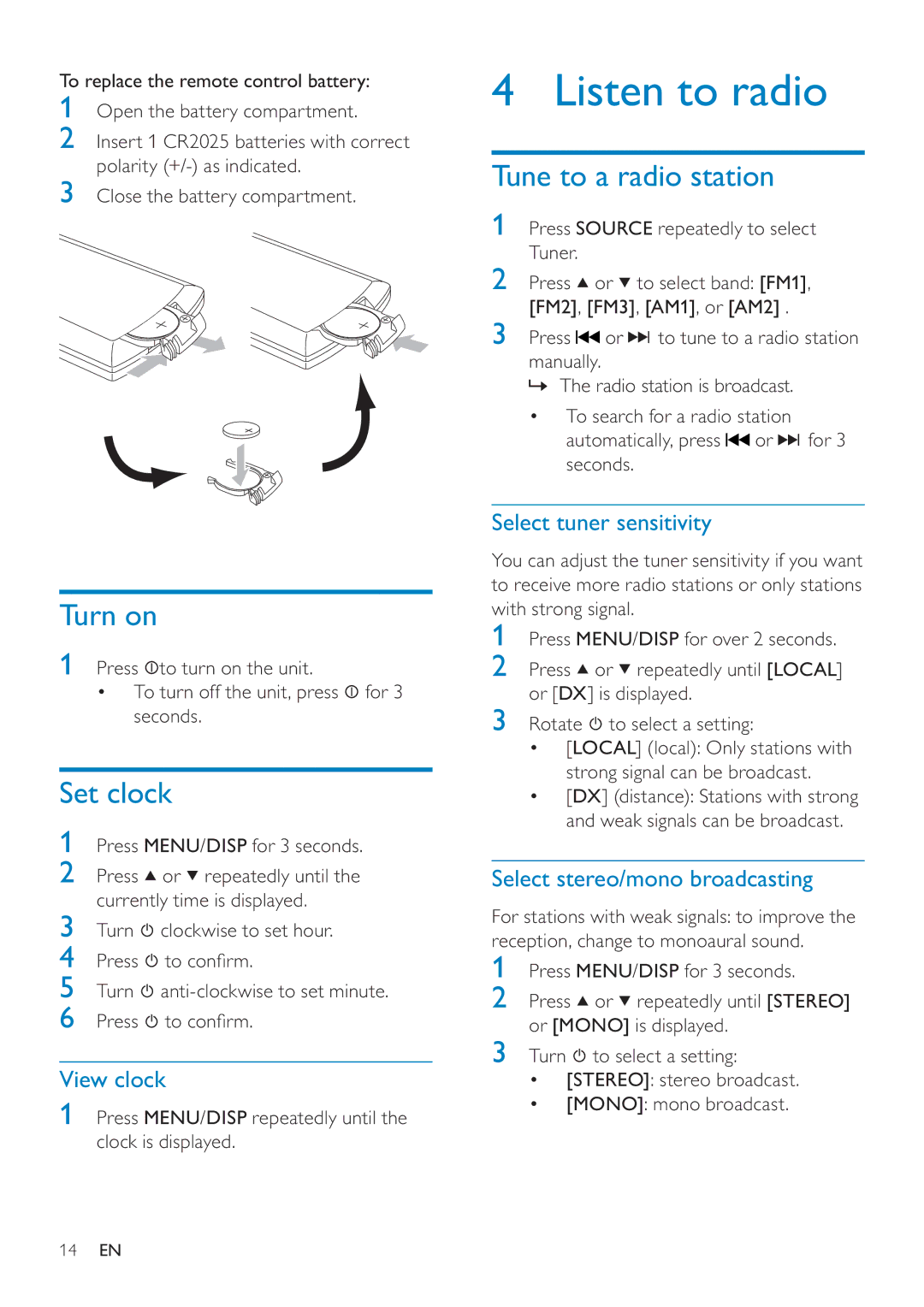 Philips CEM200 user manual Listen to radio, Turn on, Set clock, Tune to a radio station 