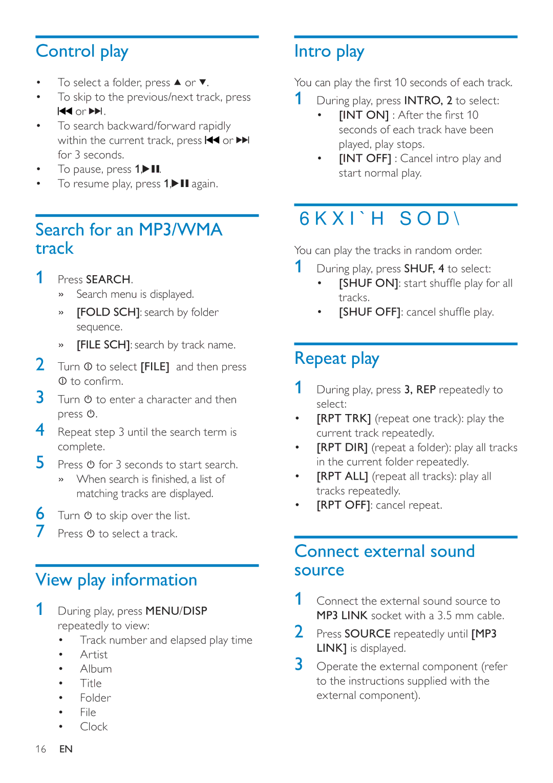 Philips CEM200 user manual Control play, Search for an MP3/WMA track, View play information, Intro play, Repeat play 