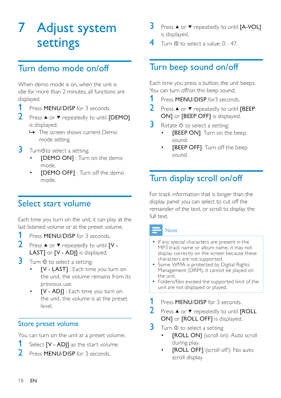 Philips CEM200 user manual Turn demo mode on/off, Select start volume, Turn beep sound on/off, Turn display scroll on/off 