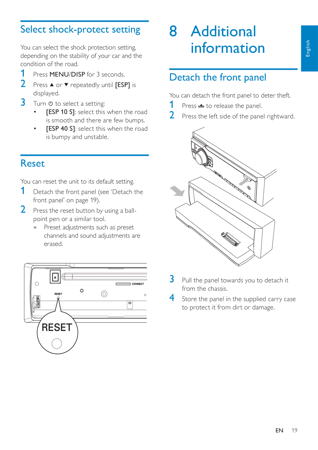 Philips CEM200 user manual Select shock-protect setting, Reset, Detach the front panel 