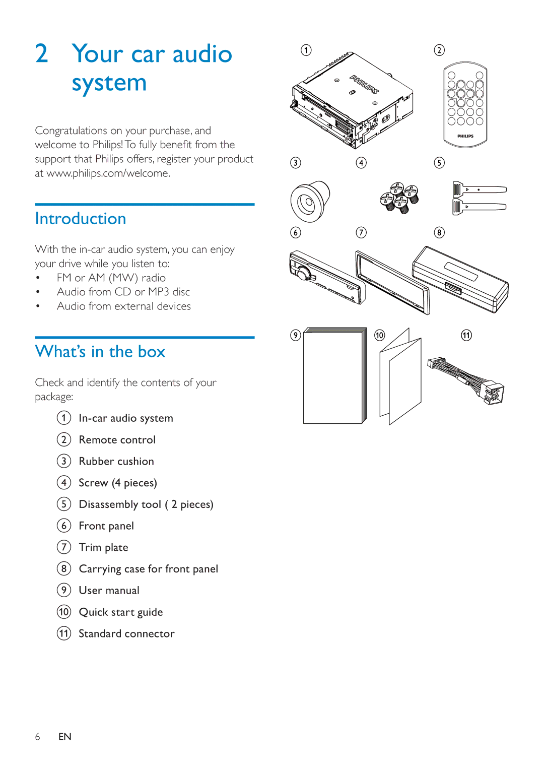 Philips CEM200 user manual Your car audio system, Introduction, What’s in the box 