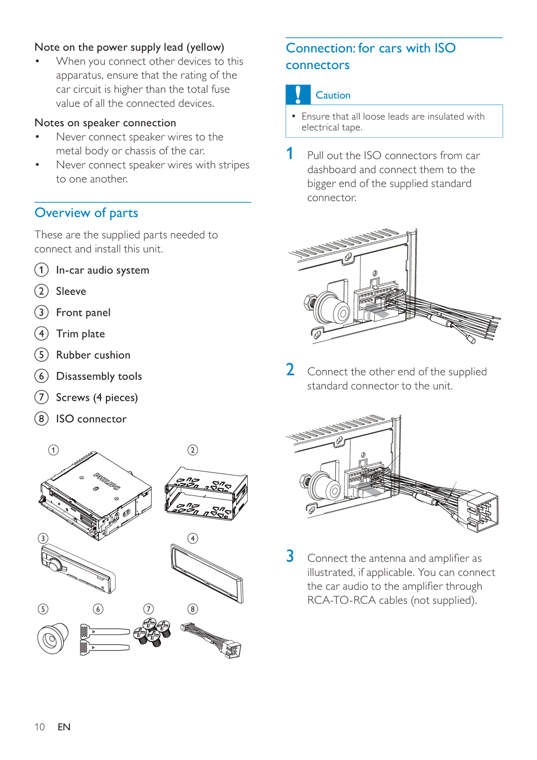 Philips CEM200 user manual Overview of parts, Connection for cars with ISO connectors 