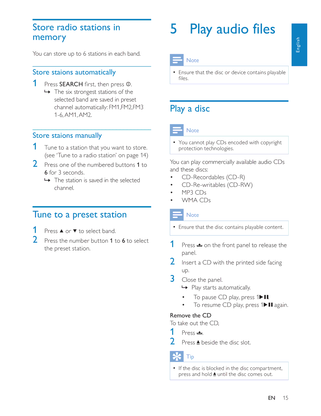 Philips CEM200 user manual Play audio files, Store radio stations in memory, Tune to a preset station, Play a disc 