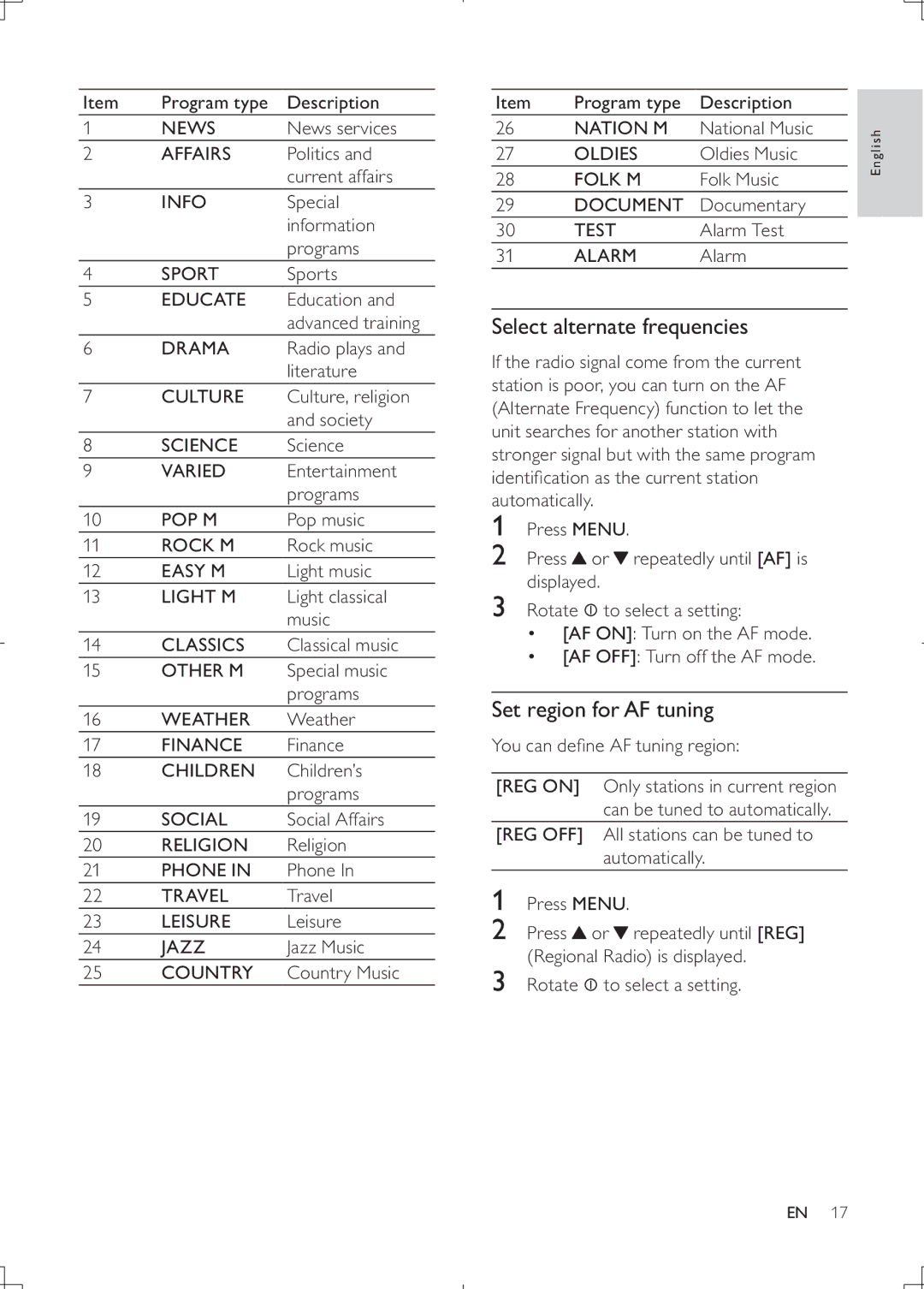 Philips CEM2000B user manual Select alternate frequencies, Set region for AF tuning 