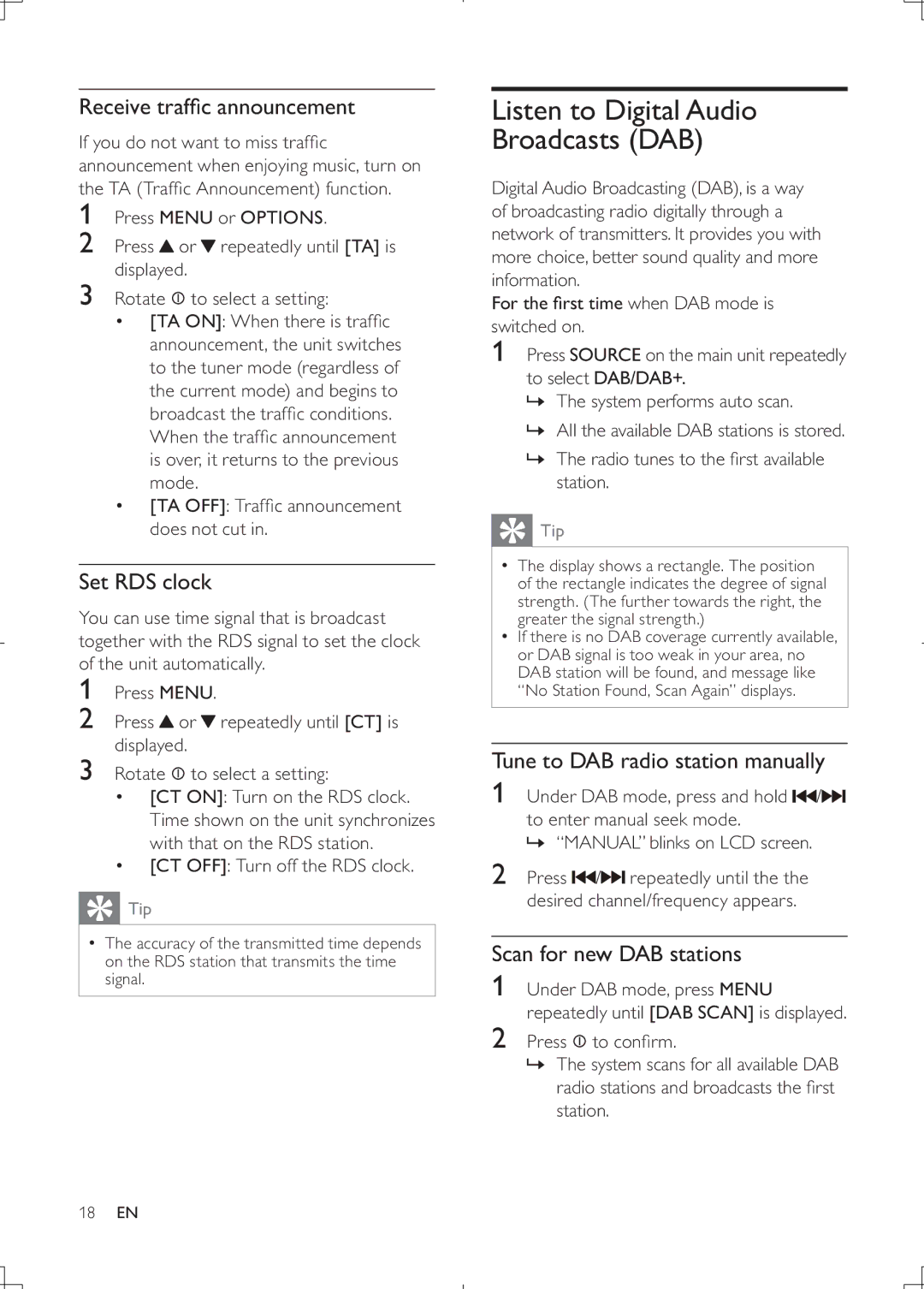 Philips CEM2000B user manual Listen to Digital Audio Broadcasts DAB, Receive trafﬁc announcement, Set RDS clock 