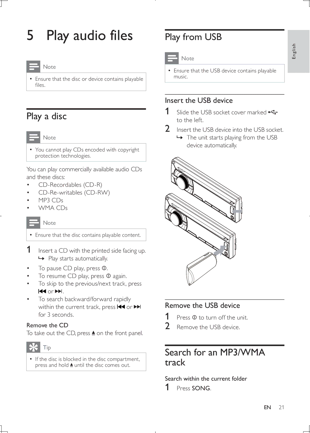 Philips CEM2000B user manual Play audio files, Play a disc, Play from USB, Search for an MP3/WMA track 