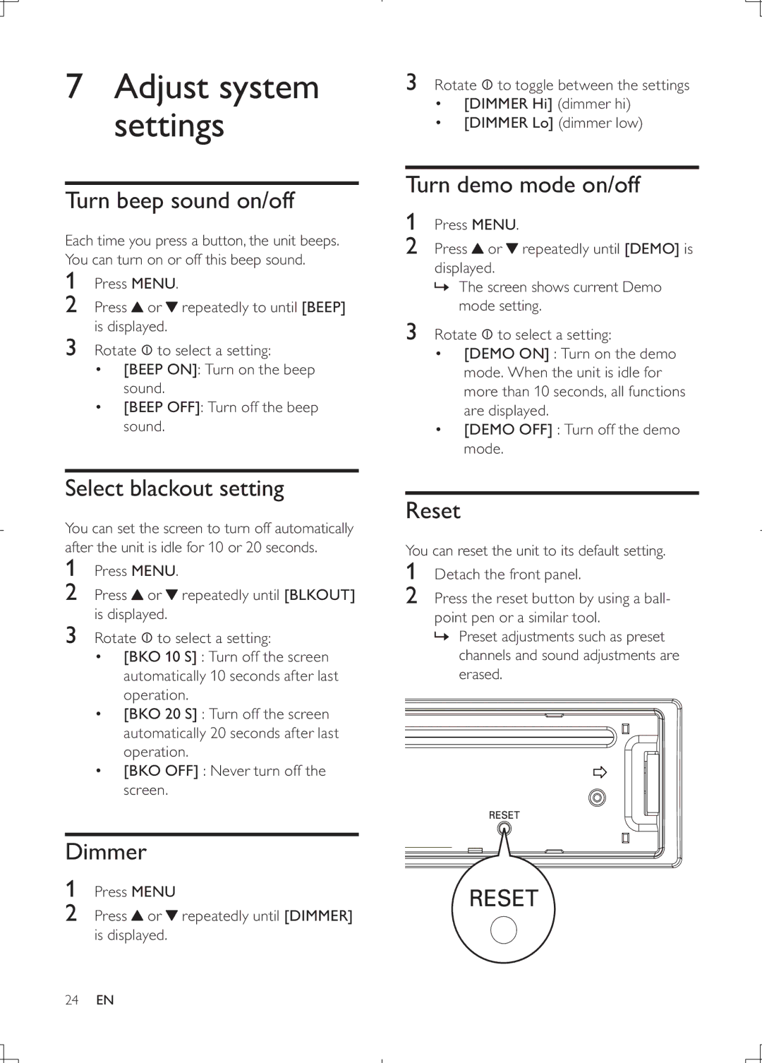 Philips CEM2000B user manual Turn beep sound on/off, Select blackout setting, Dimmer, Turn demo mode on/off, Reset 