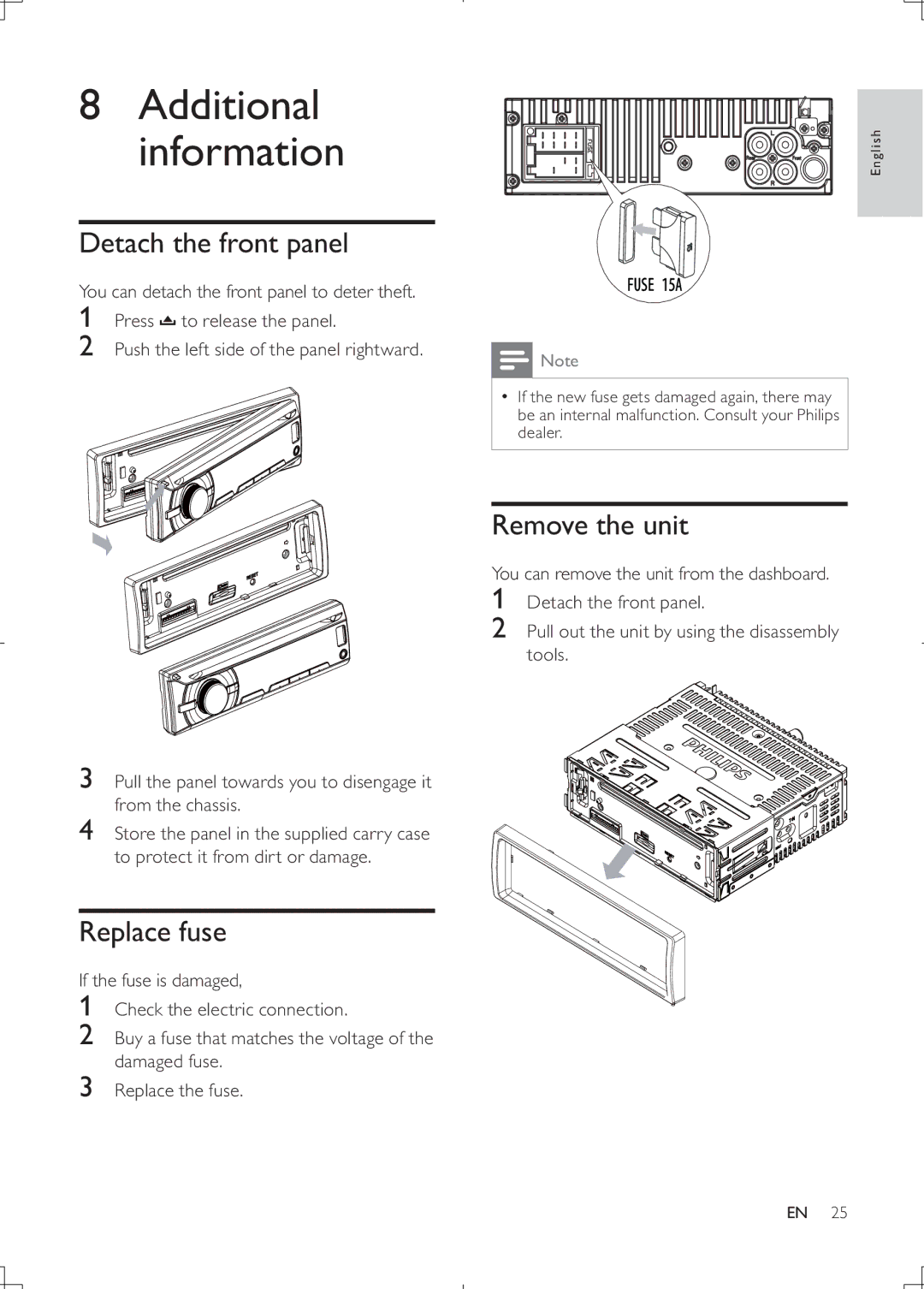 Philips CEM2000B user manual Additional information, Detach the front panel, Replace fuse, Remove the unit 