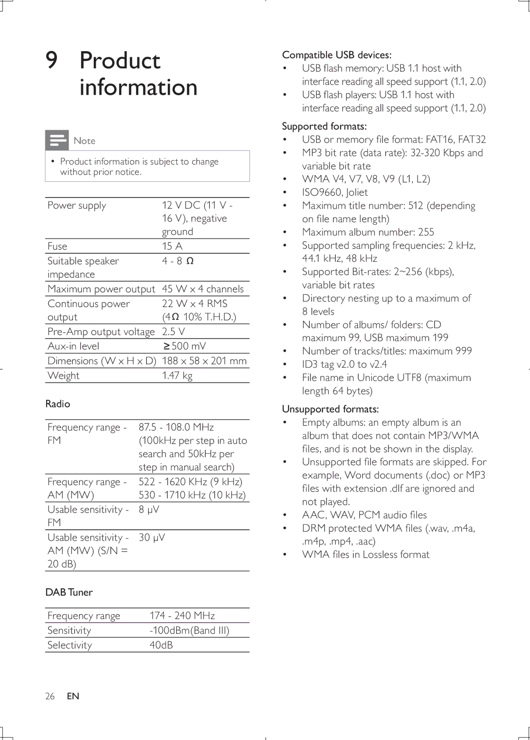 Philips CEM2000B user manual Product information, Continuous power X 4 RMS Output 10% T.H.D, Search and 50kHz per, 30 μV 