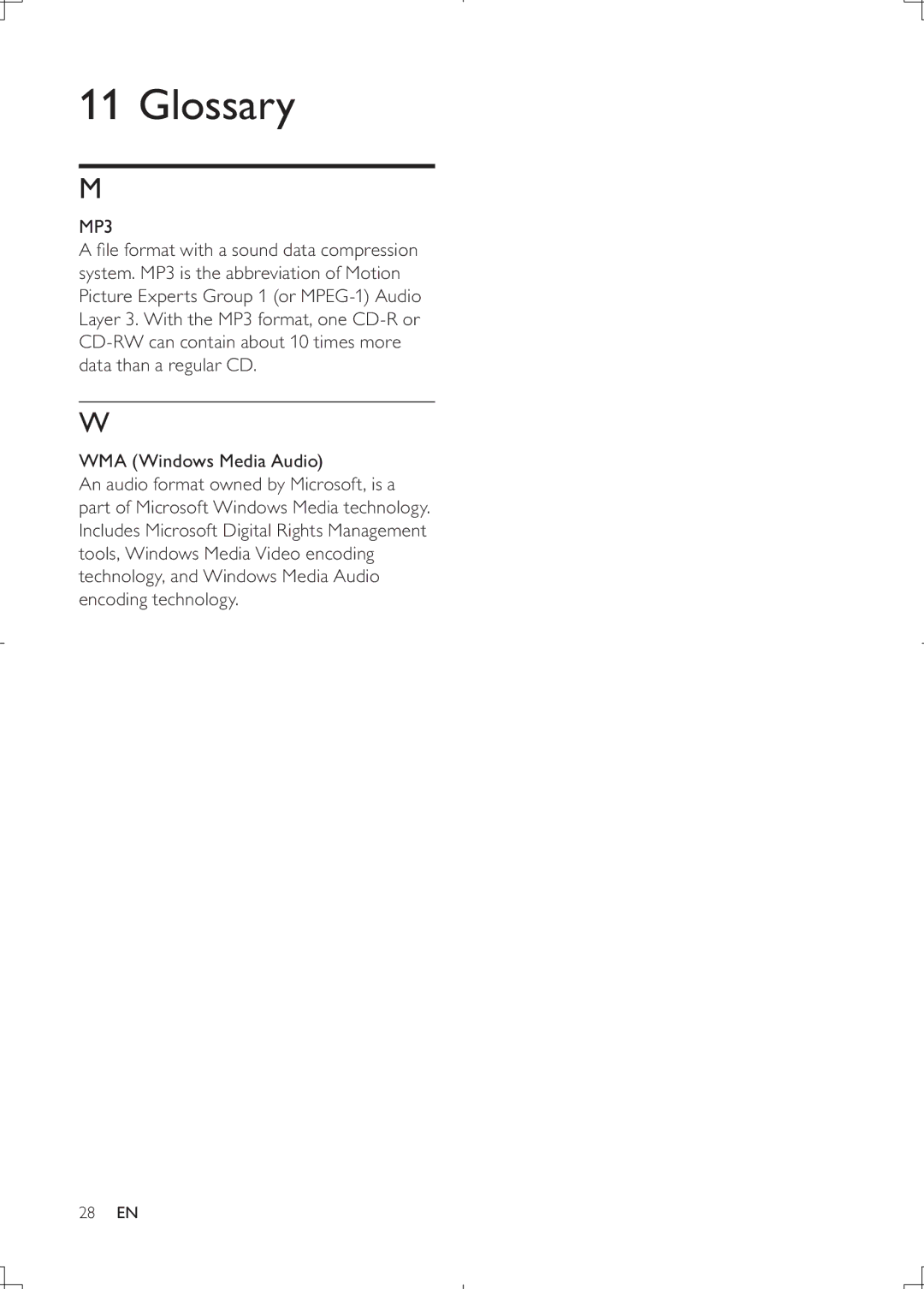 Philips CEM2000B user manual Glossary, WMA Windows Media Audio 