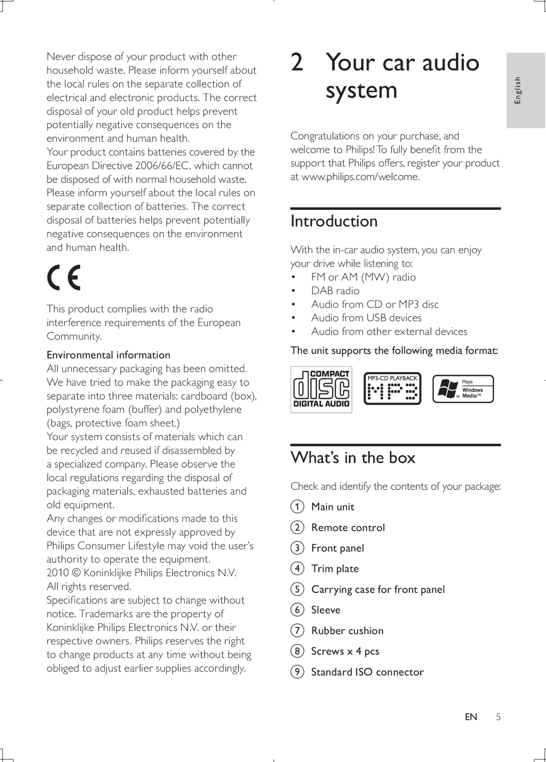 Philips CEM2000B user manual Your car audio System, Introduction, What’s in the box 