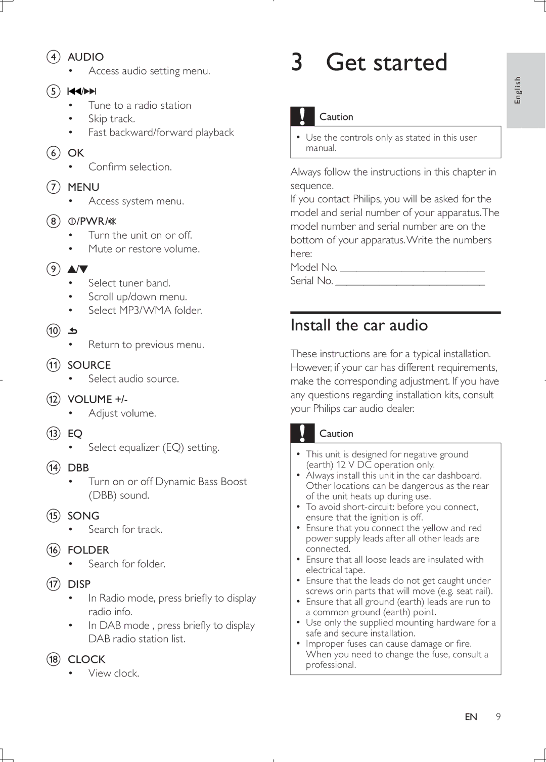 Philips CEM2000B user manual Get started, Install the car audio 