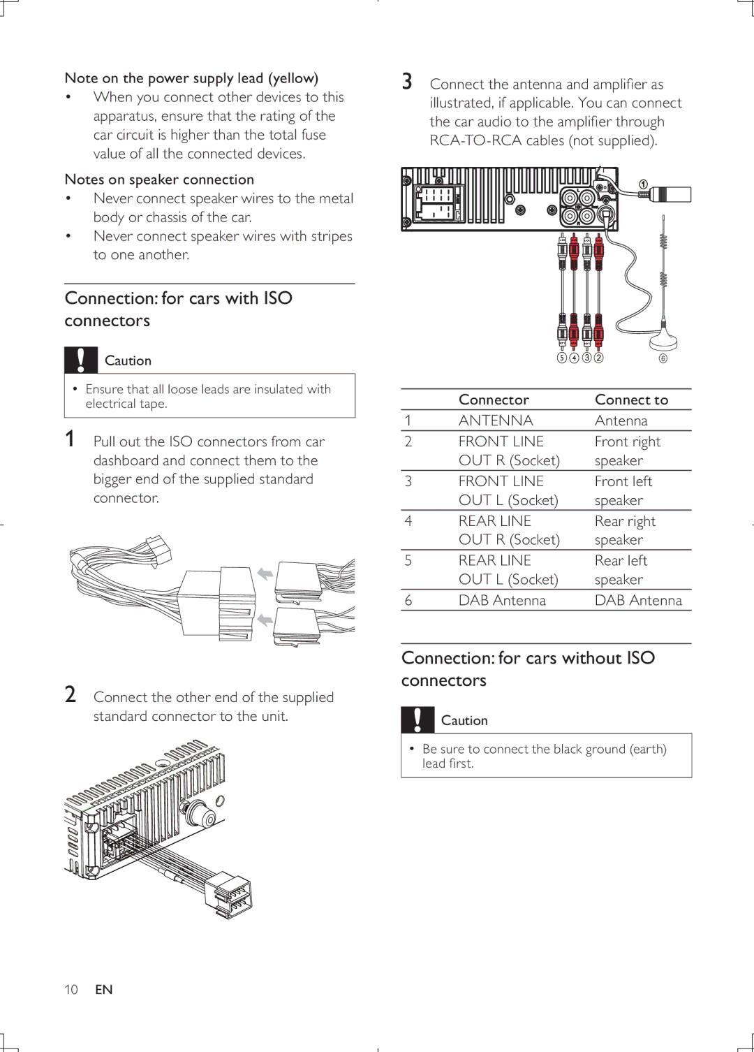 Philips CEM2000B user manual Connection for cars with ISO connectors, Connection for cars without ISO connectors 