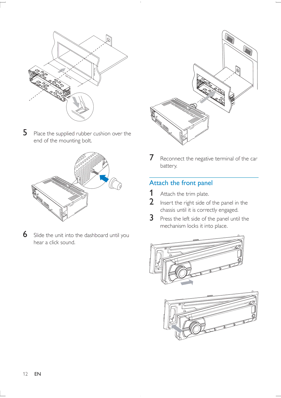 Philips CEM2100 user manual Attach the front panel, Attach the trim plate 