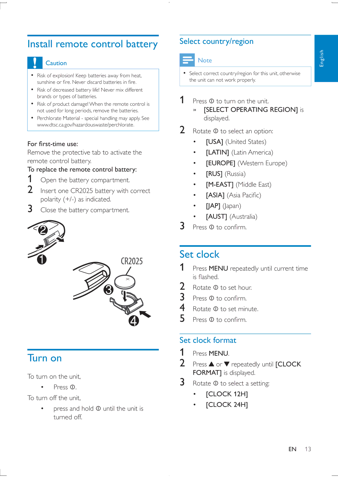 Philips CEM2100 user manual Install remote control battery, Turn on, Select country/region, Set clock format 