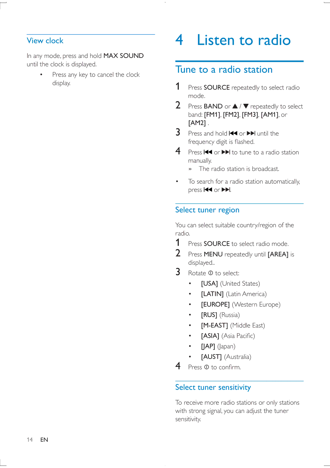 Philips CEM2100 Listen to radio, Tune to a radio station, View clock, Select tuner region, Select tuner sensitivity 