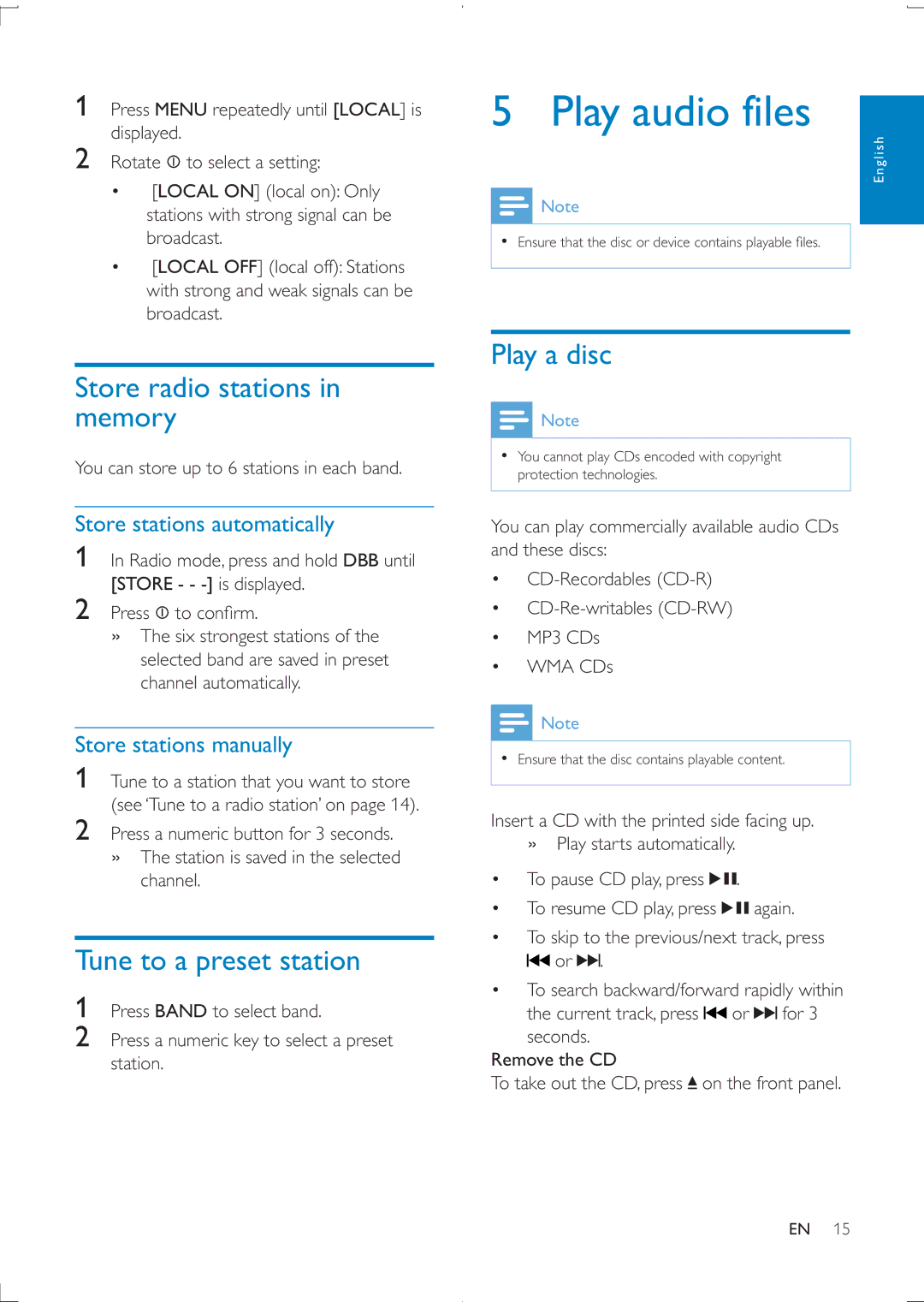 Philips CEM2100 user manual Play audio files, Store radio stations in memory, Tune to a preset station, Play a disc 