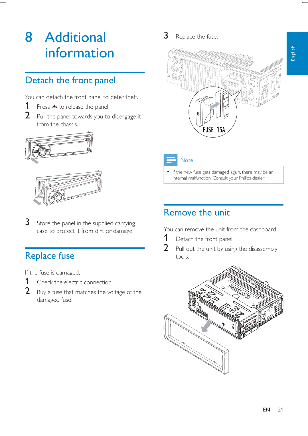 Philips CEM2100 user manual Additional, Information, Detach the front panel, Replace fuse, Remove the unit 