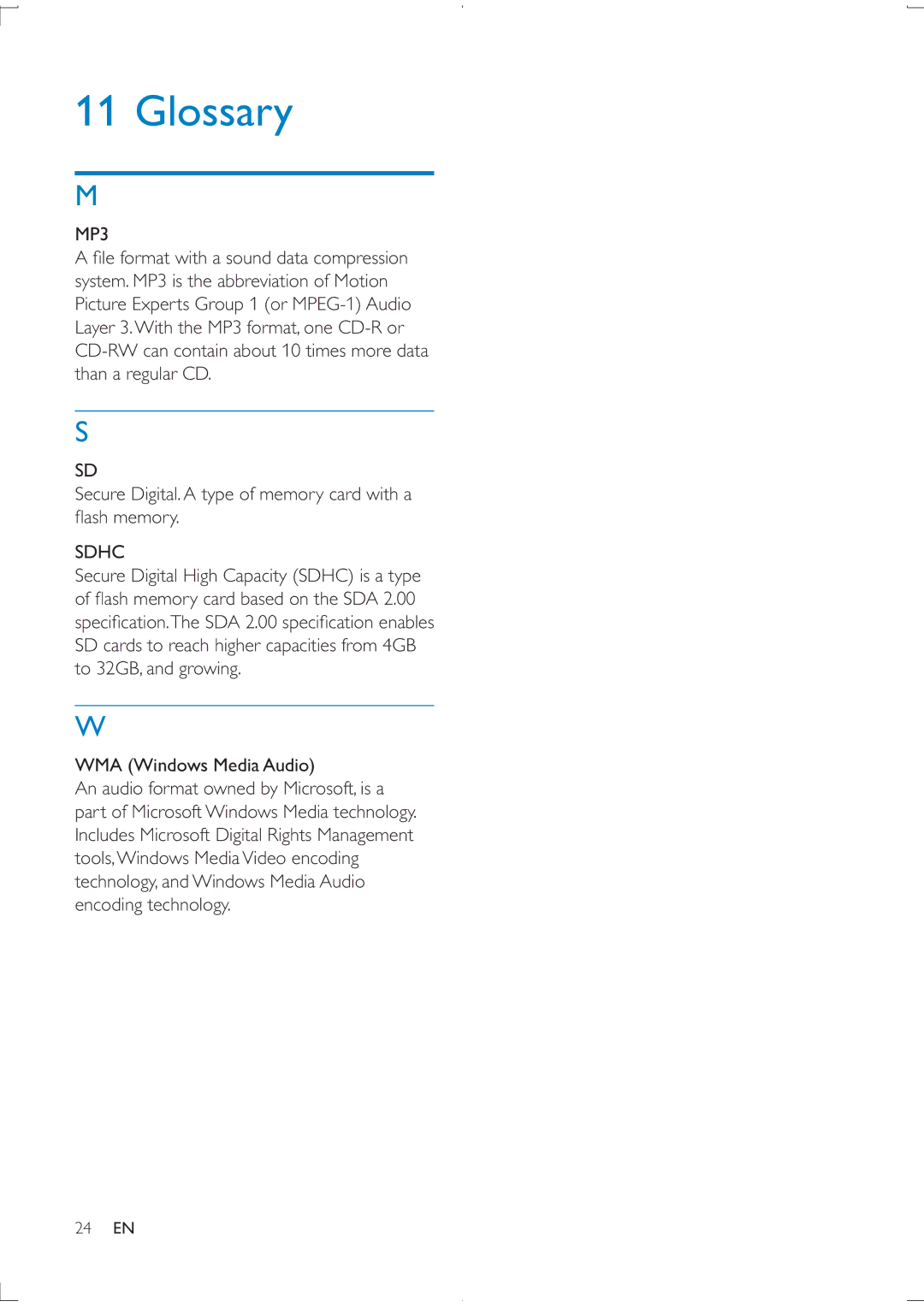 Philips CEM2100 user manual Glossary, MP3, Sdhc, Encoding technology 