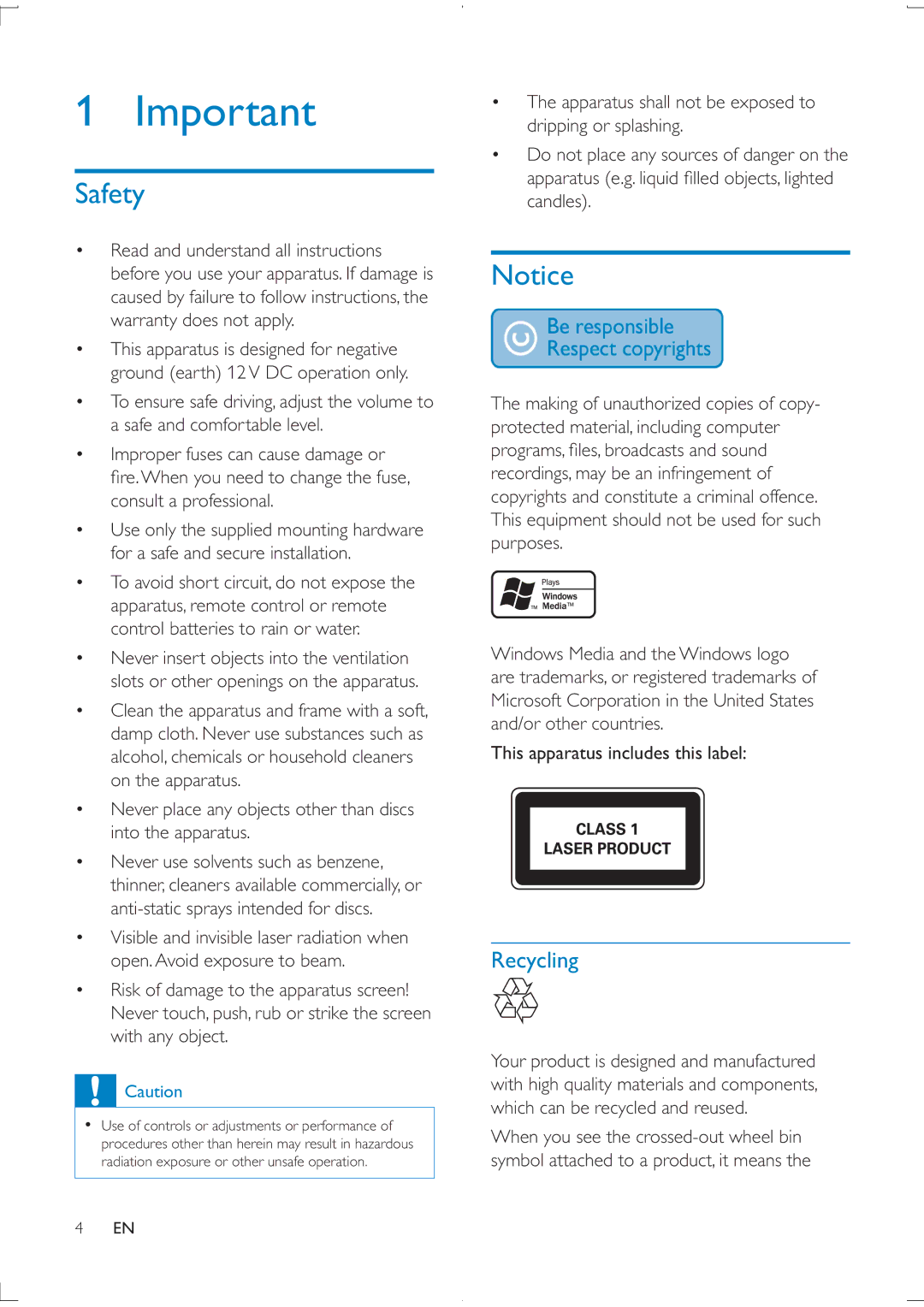 Philips CEM2100 user manual Safety, Recycling, Warranty does not apply, Control batteries to rain or water 