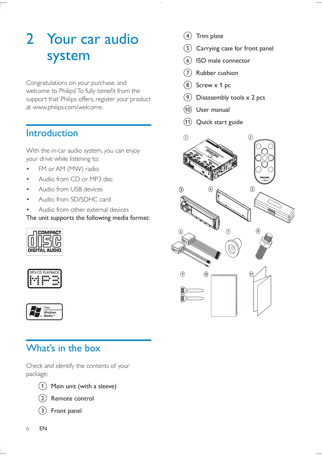 Philips CEM2100 user manual Your car audio system, Introduction, What’s in the box 