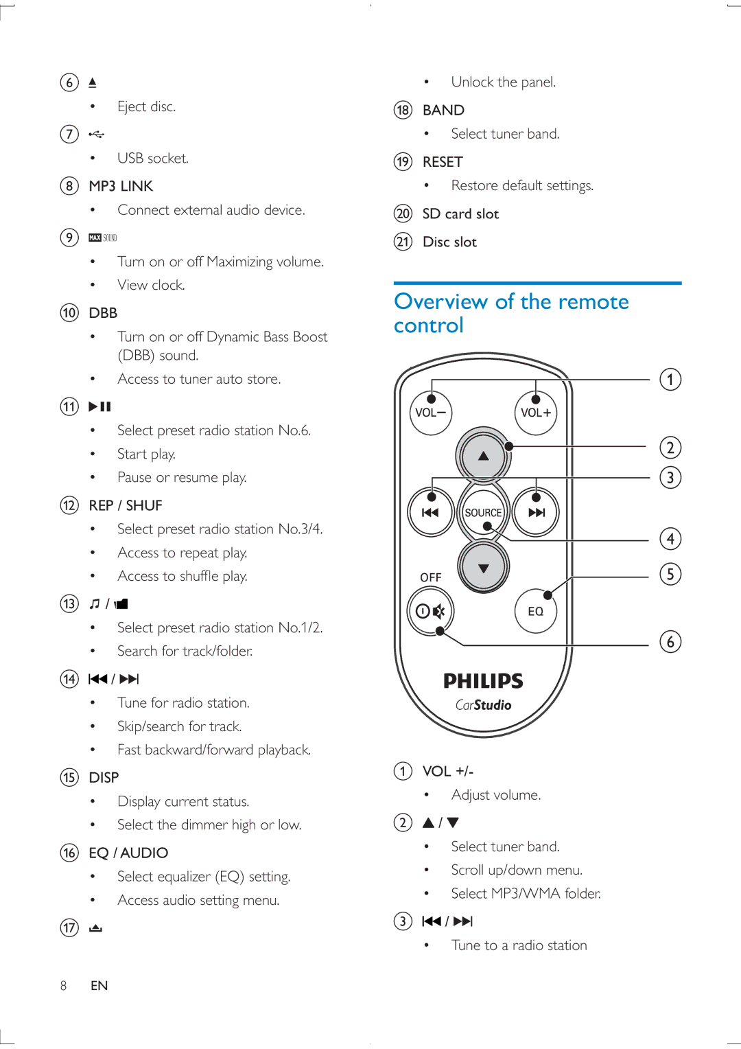 Philips CEM2100 user manual Overview of the remote control, Unlock the panel, Tune to a radio station 