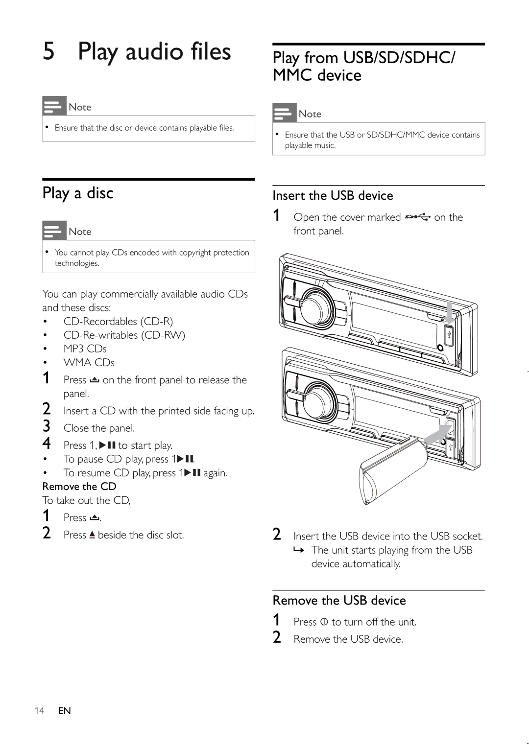 Philips CEM220 user manual Play audio files, Play a disc, Insert the USB device, Remove the USB device 